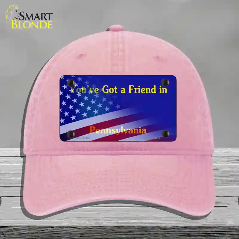 Pennsylvania Blue with American Flag Novelty License Plate Hat Unconstructed Cotton / Pink