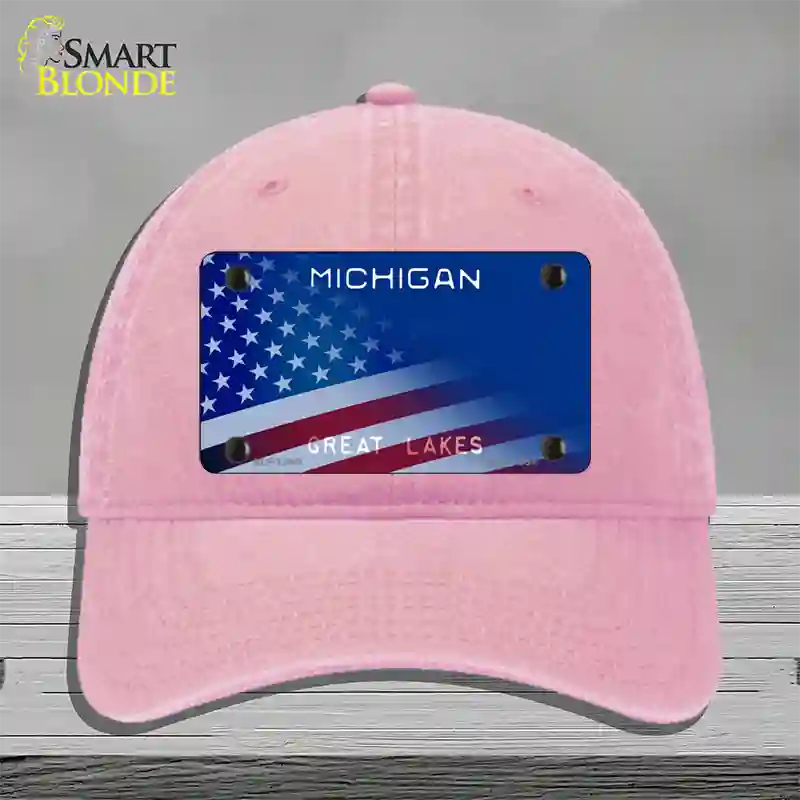 Michigan Great Lakes Plate American Flag Novelty License Plate Hat Unconstructed Cotton / Pink