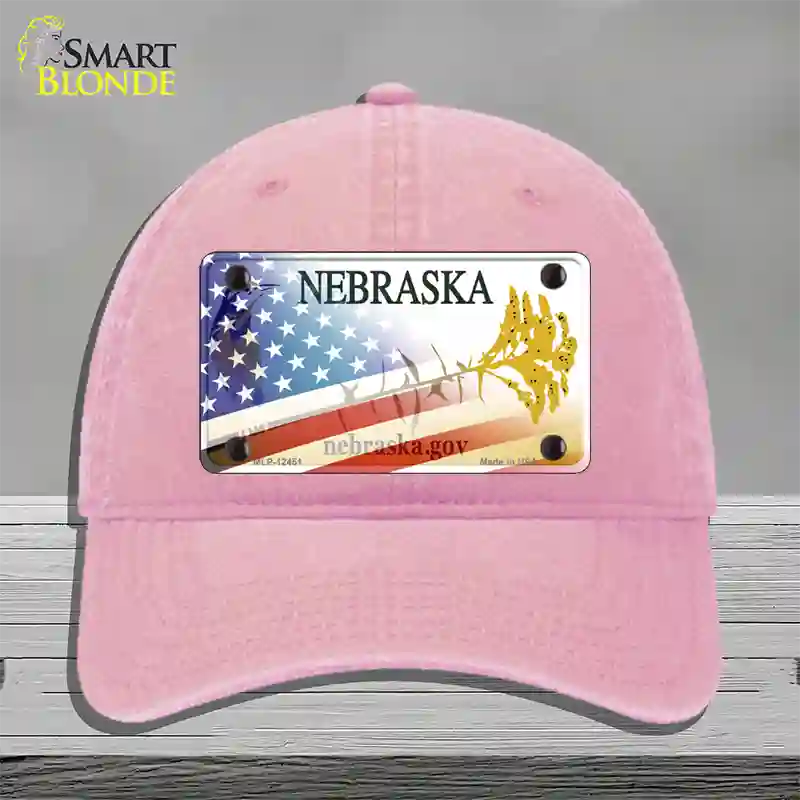 Nebraska Plate American Flag Novelty License Plate Hat Unconstructed Cotton / Pink