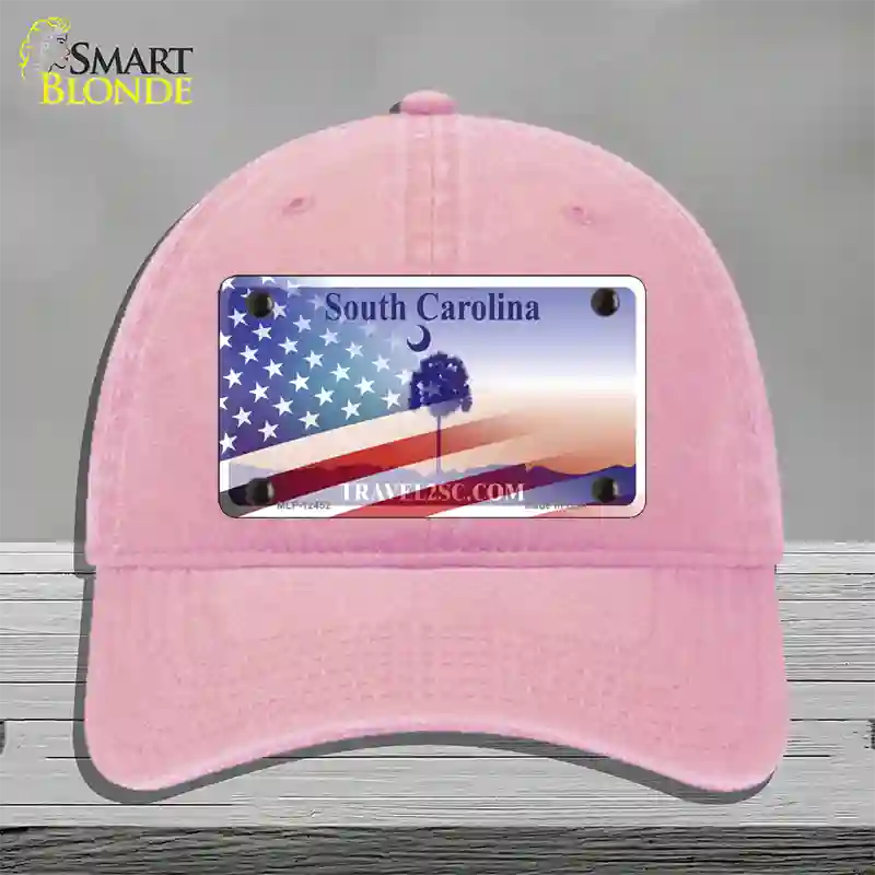 South Carolina Travel Plate American Flag Novelty License Plate Hat Unconstructed Cotton / Pink