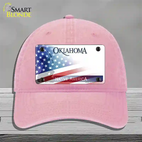 Oklahoma Bow with American Flag Novelty License Plate Hat Unconstructed Cotton / Pink