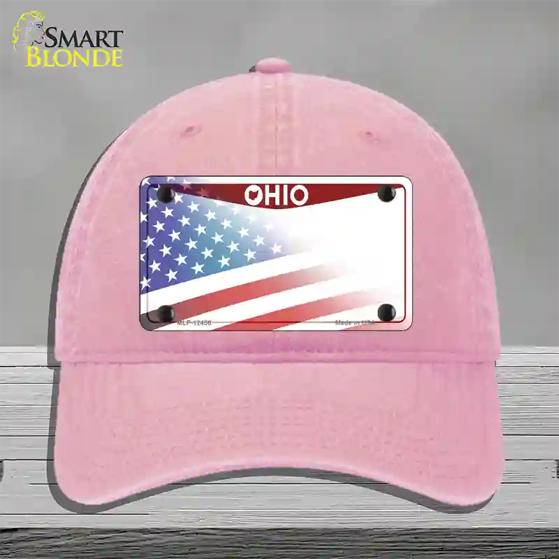 Ohio State American Flag Novelty License Plate Hat Unconstructed Cotton / Pink