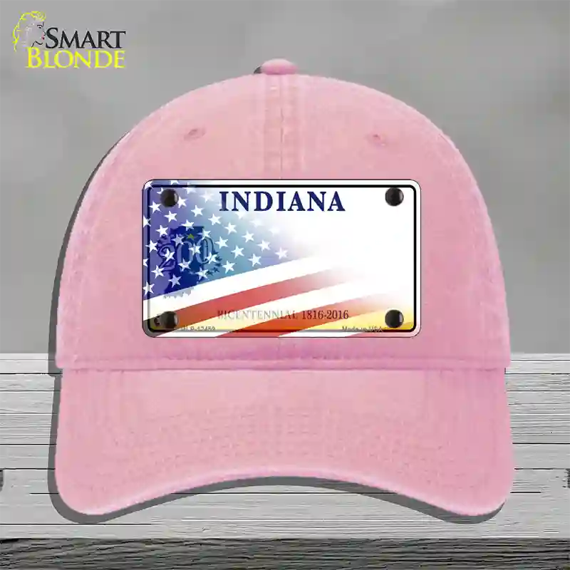 Indiana Bicentennial with American Flag Novelty License Plate Hat Unconstructed Cotton / Pink