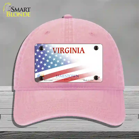 Virginia Jamestown with American Flag Novelty License Plate Hat Unconstructed Cotton / Pink