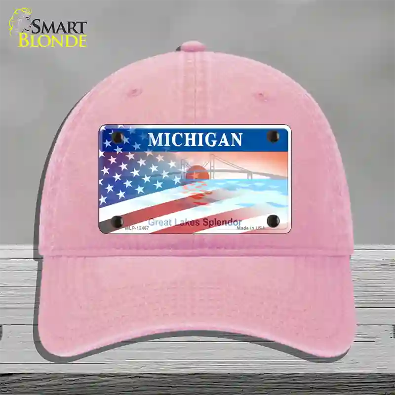 Michigan Splendor with American Flag Novelty License Plate Hat Unconstructed Cotton / Pink