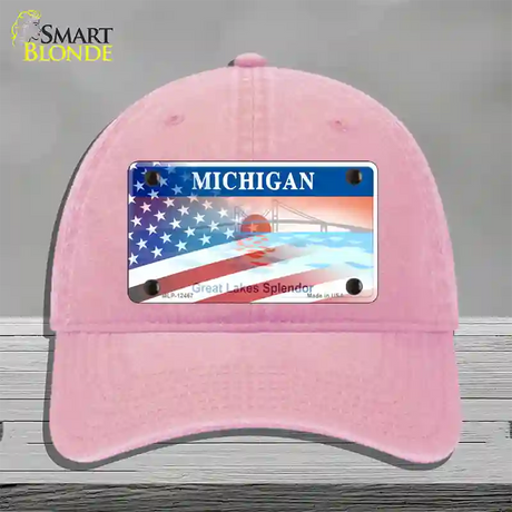 Michigan Splendor with American Flag Novelty License Plate Hat Unconstructed Cotton / Pink