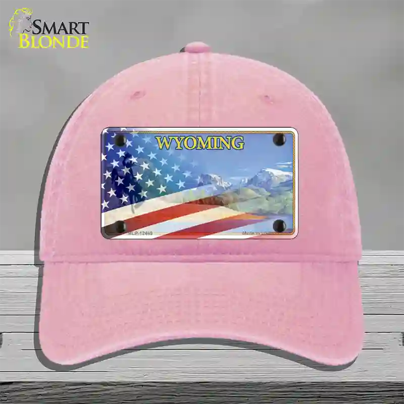 Wyoming State with American Flag Novelty License Plate Hat Unconstructed Cotton / Pink