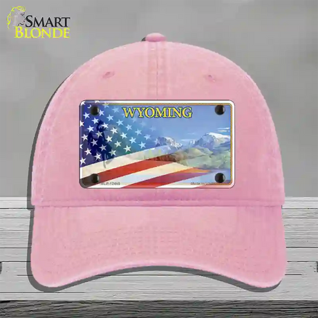 Wyoming State with American Flag Novelty License Plate Hat Unconstructed Cotton / Pink