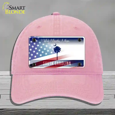 South Carolina Blue with American Flag Novelty License Plate Hat Unconstructed Cotton / Pink