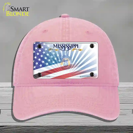 Mississippi Blue with American Flag Novelty License Plate Hat Unconstructed Cotton / Pink