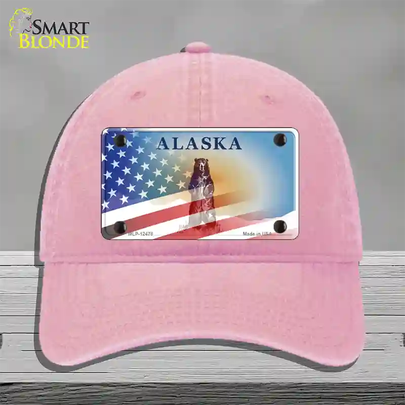 Alaska State Blank Novelty License Plate Hat Unconstructed Cotton / Pink / Alaska Bear (9511):https | Half American Flag | Yes