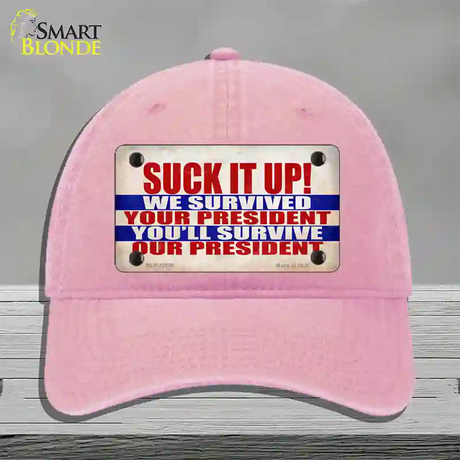 Suck It Up We Survived Novelty License Plate Hat Unconstructed Cotton / Pink