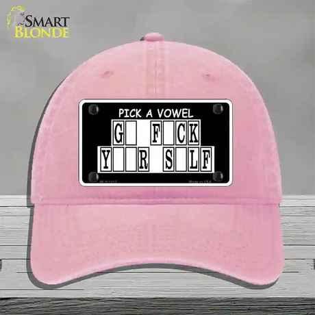 Pick A Vowel Novelty License Plate Hat Unconstructed Cotton / Pink