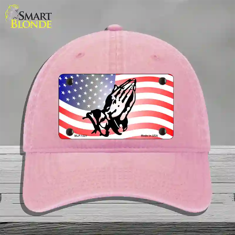 American Flag Praying Hands Novelty License Plate Hat Unconstructed Cotton / Pink