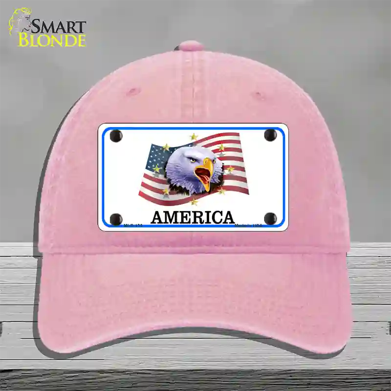 Waving Flag Bald Eagle Novelty License Plate Hat Unconstructed Cotton / Pink