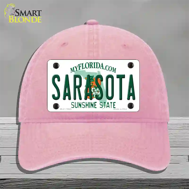 Sarasota Florida Novelty License Plate Hat Unconstructed Cotton / Pink