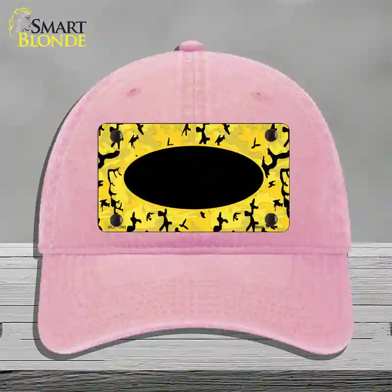 Yellow Black Camouflage With Black Center Oval Novelty License Plate Hat Unconstructed Cotton / Pink