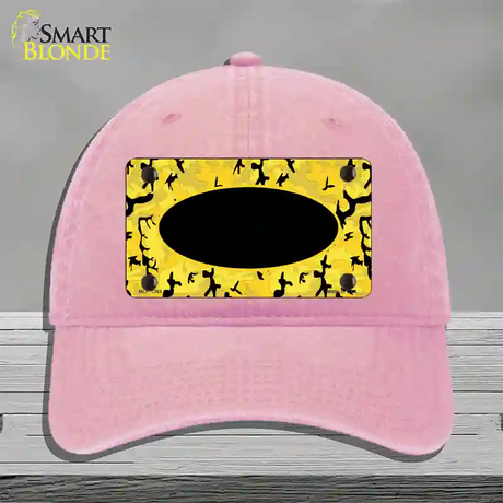 Yellow Black Camouflage With Black Center Oval Novelty License Plate Hat Unconstructed Cotton / Pink