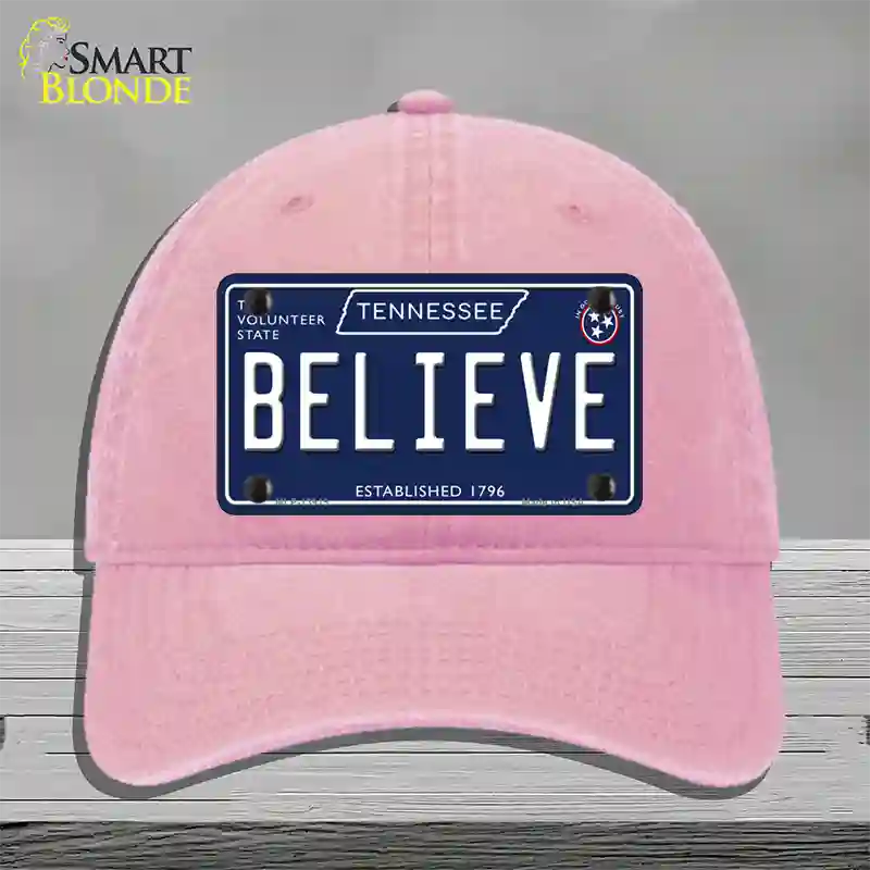 Believe Tennessee Blue Novelty License Plate Hat Tag Unconstructed Cotton / Pink