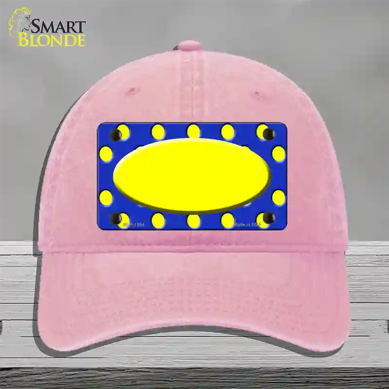 Yellow Royal Blue Polka Dot Center Oval Novelty License Plate Hat Unconstructed Cotton / Pink