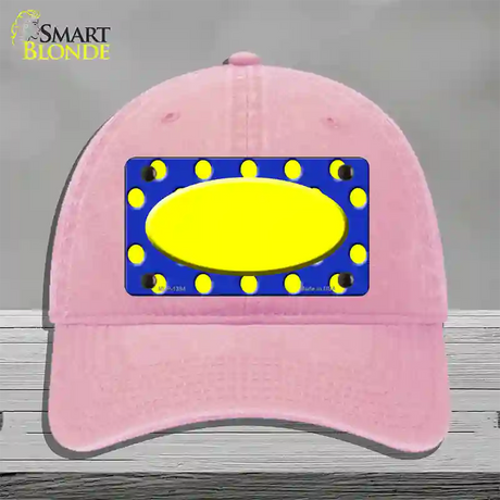 Yellow Royal Blue Polka Dot Center Oval Novelty License Plate Hat Unconstructed Cotton / Pink