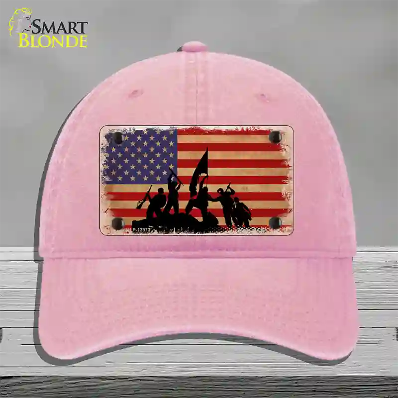 Grunge American Flag with Soldiers Novelty License Plate Hat Tag Unconstructed Cotton / Pink