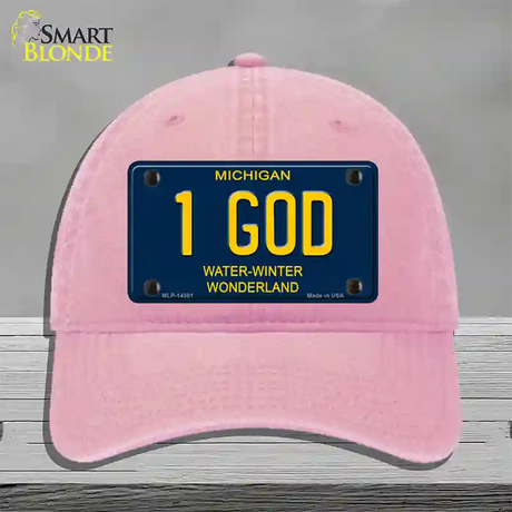 1 God Michigan Blue Novelty License Plate Hat Unconstructed Cotton / Pink