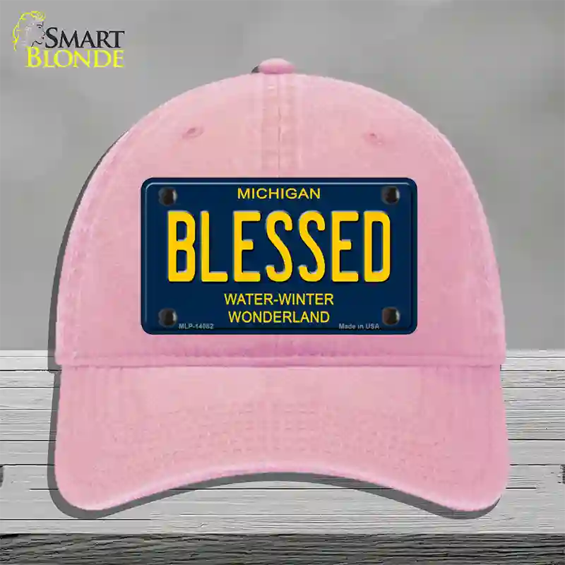 Blessed Michigan Blue Novelty License Plate Hat Unconstructed Cotton / Pink