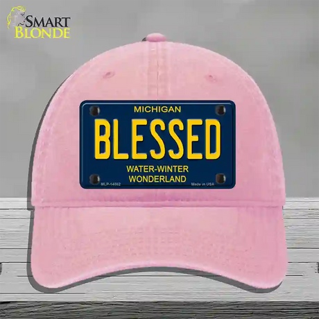 Blessed Michigan Blue Novelty License Plate Hat Unconstructed Cotton / Pink