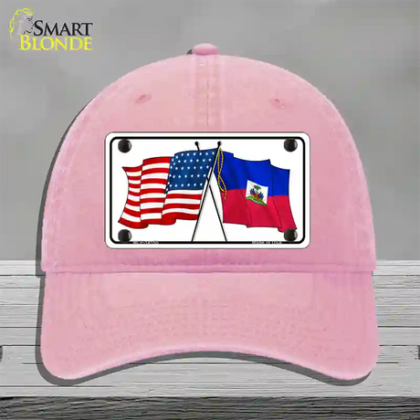 Haiti Crossed US Flag Novelty License Plate Hat Unconstructed Cotton / Pink