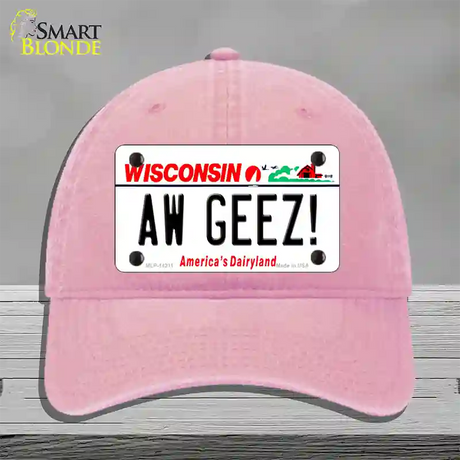 Aw Geez Wisconsin Novelty License Plate Hat Unconstructed Cotton / Pink