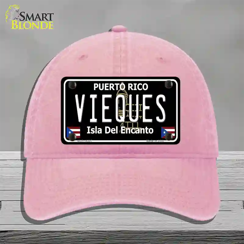 Vieques Puerto Rico Black Novelty License Plate Hat Unconstructed Cotton / Pink