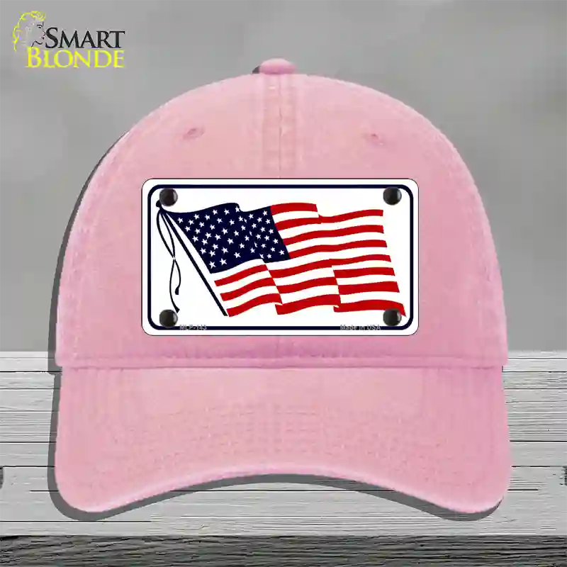 American Flag Waving White Novelty License Plate Hat Unconstructed Cotton / Pink