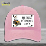 She Thinks My Tractors Sexy White Novelty License Plate Hat Unconstructed Cotton / Pink