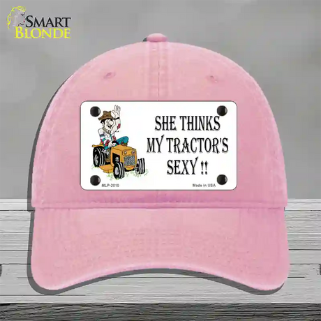 She Thinks My Tractors Sexy White Novelty License Plate Hat Unconstructed Cotton / Pink