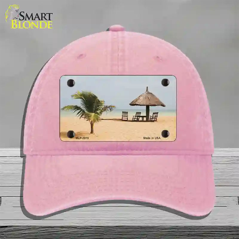 Tropical Beach Setting Novelty License Plate Hat Unconstructed Cotton / Pink