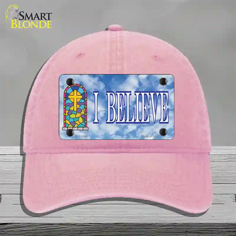 I Believe Novelty License Plate Hat Unconstructed Cotton / Pink