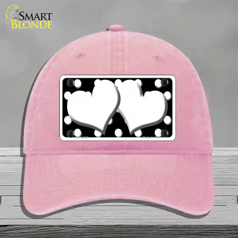 White Black Polka Dot Black Center Hearts Novelty License Plate Hat Unconstructed Cotton / Pink