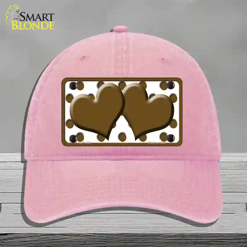 Brown White Polka Dot Brown Centered Hearts Novelty License Plate Hat Unconstructed Cotton / Pink