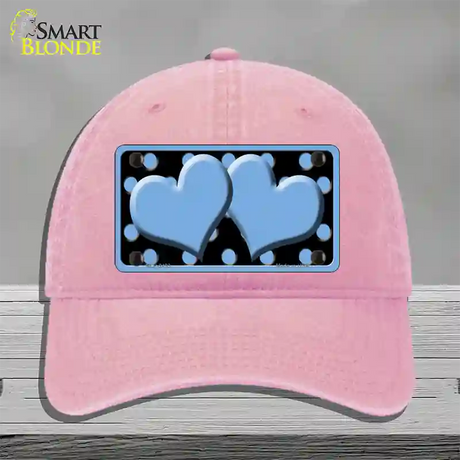 Light Blue Black Polka Dot Light Blue Centered Hearts Novelty License Plate Hat Unconstructed Cotton / Pink