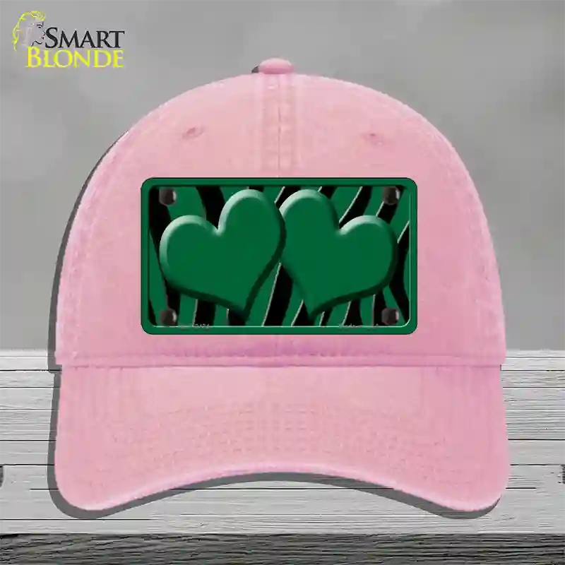 Green Black Zebra Green Centered Hearts Novelty License Plate Hat Unconstructed Cotton / Pink