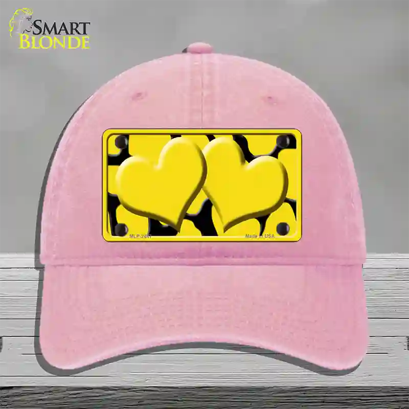 Yellow Black Giraffe Yellow Centered Hearts Novelty License Plate Hat Unconstructed Cotton / Pink