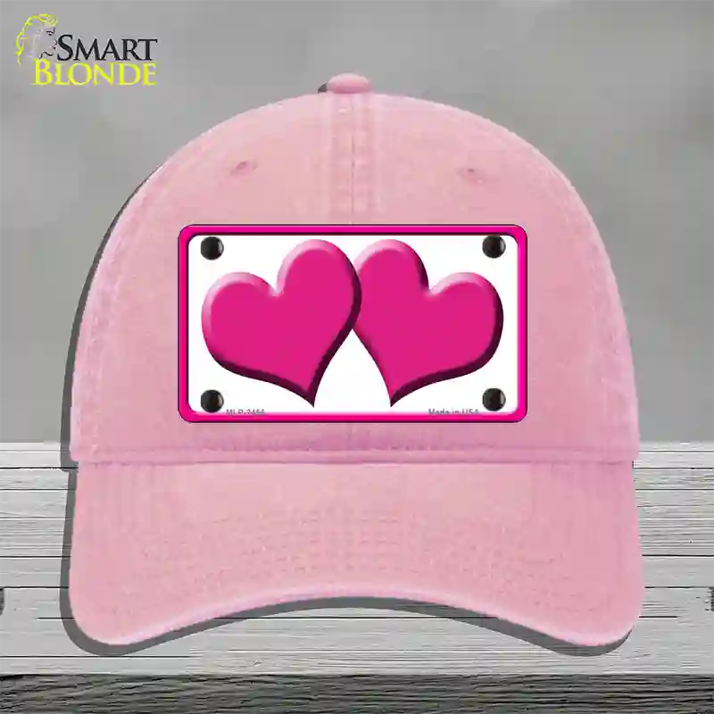 Solid Pink Centered Hearts White Novelty License Plate Hat Unconstructed Cotton / Pink