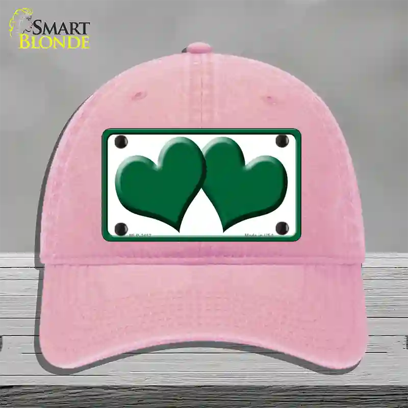 Solid Green Centered Hearts White Novelty License Plate Hat Unconstructed Cotton / Pink