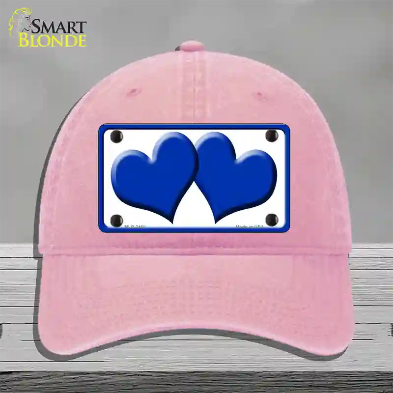 Solid Blue Centered Hearts White Novelty License Plate Hat Unconstructed Cotton / Pink