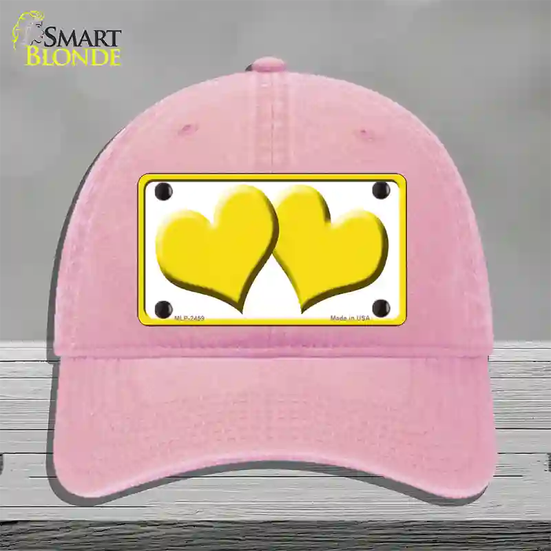 Solid Yellow Centered Hearts White Novelty License Plate Hat Unconstructed Cotton / Pink