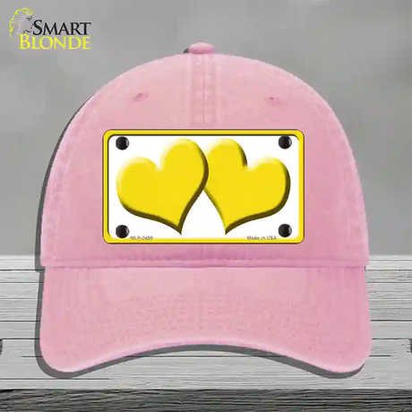 Solid Yellow Centered Hearts White Novelty License Plate Hat Unconstructed Cotton / Pink