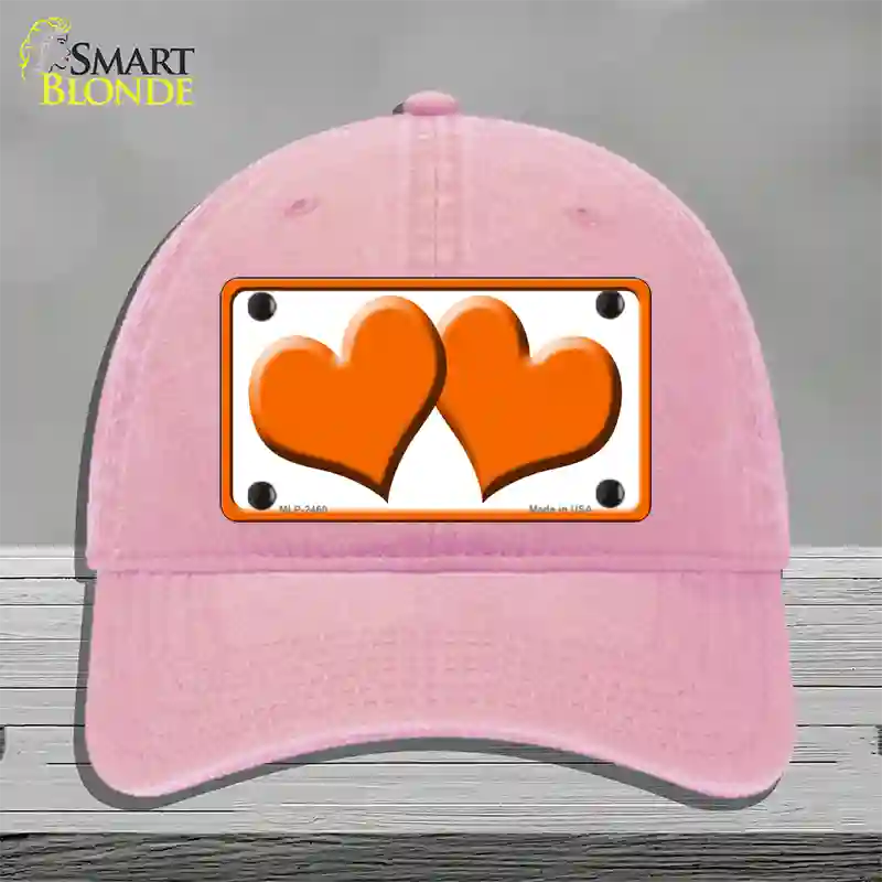 Solid Orange Centered Hearts White Novelty License Plate Hat Unconstructed Cotton / Pink