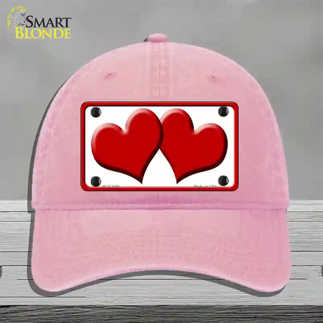 Solid Red Centered Hearts White Novelty License Plate Hat Unconstructed Cotton / Pink