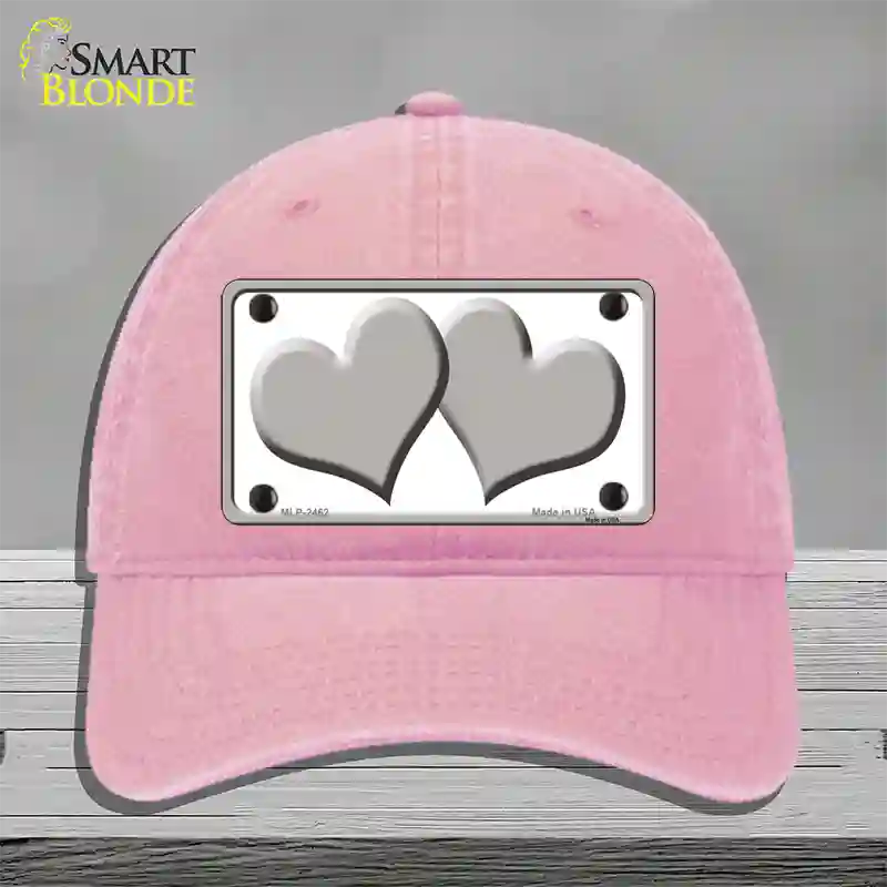 Solid Grey Centered Hearts White Novelty License Plate Hat Unconstructed Cotton / Pink